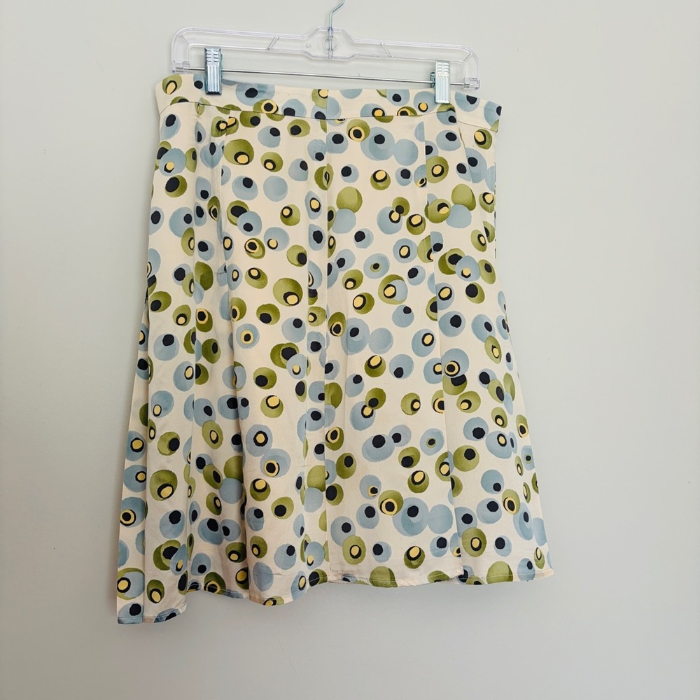 To the Max Cream A-Line Skirt with Green & Light Blue Dot Print 100% SILK